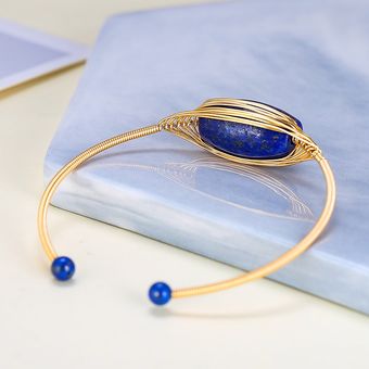 #Natural Lapis Lazuli JD piedra Natural lapislázuli azul brazalete pulsera Vintage de buena calidad de oro hecho a mano de alambre abierto brazaletes para mujeres 