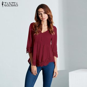 ZANZEA blusas de las mujeres de encaje elegante camisas otoño Blusas Tops asimétrico sólido del V cuello de la manga 3/4 con capucha (vino tinto) -Rojo | Linio Colombia - ZA402FA0LTFWSLCO