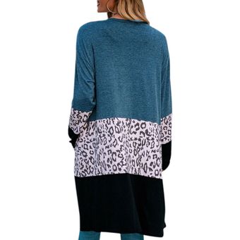 Nuevo Chaqueta Cárdigan larga con patrón de leopardo moda para mujer Azul 