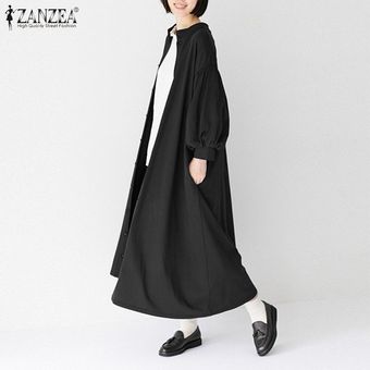 Negro ZANZEA mujer sólido Capa larga de la manga de soplo con bolsillos y botones holgado vestido de algodón Plus 