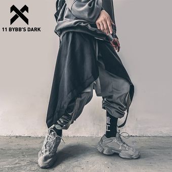 Irregular de Hip Hop para hombres,falda Harem pantalones Harajuku ajustable Streetwear negro falda delantal gótico pantalones para correr #BLACK 