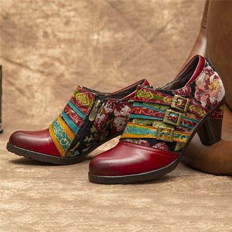 Rojo SOCOFY tobillo de las mujeres botas de tres colores de la hebilla de la correa de la flor de la Gracia de bloque de tacón Zapatos 