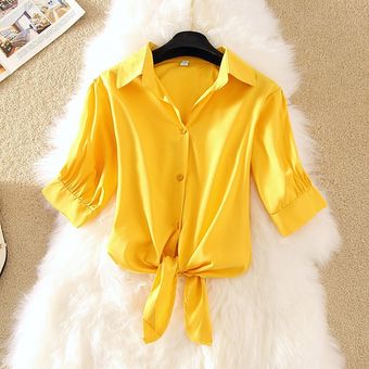 Blusa corta de moda para mujer,camisa con lazo delantero,Top de talla grande 4XL nueva camisa femenina de primavera,Blusas rosa,blanco,azul y amarillo para mujer #338-LanSe 