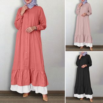 ZANZEA Mujeres Musulmanas Jilbab Kaftan Encuadre de cuerpo entero Botones Abajo suelta camisa de vestir de Maxi Plus Camafeo 