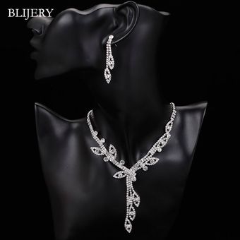 Blijery Silver Leaf Style Crystal Collar Collar Pendientes 