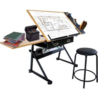 Mesa de dibujo tecnico inclinable con taburete y 3 cajones Mesa de dibujo  profesional arquitectura mesa de estudio Escritorio inclinable mueble de  estudio mesa de dormitorio