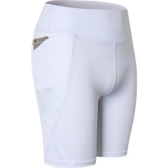 #2-White pantalones cortos para correr para mujer,sólido de cintura alta,ropa de Fitness,pantalones cortos de Yoga del sudor con bolsillo,para motorista,6 colores 