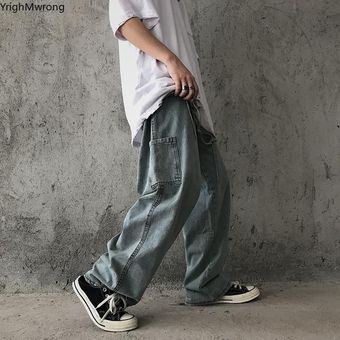 #1 estilo Hip Hop WAN Pantalón vaquero liso Vintage holgado de cintura alta con bolsillo lateral para hombre y mujer ropa de calle Harajuku de gran tamaño 