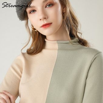 Patchwork suéter de cuello alto de las mujeres de mezclas de lana su 