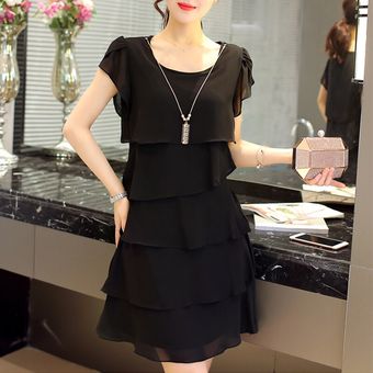 Vestido de talla grande de mujer,vestido elegante de alta calidad 5XL,vestido de cóctel con volantes para fiesta,vestido suelto de gasa para verano #Black 