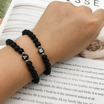 Pulsera De Pareja De 6 Mm De Cuentas De Piedra Negra Mate De 