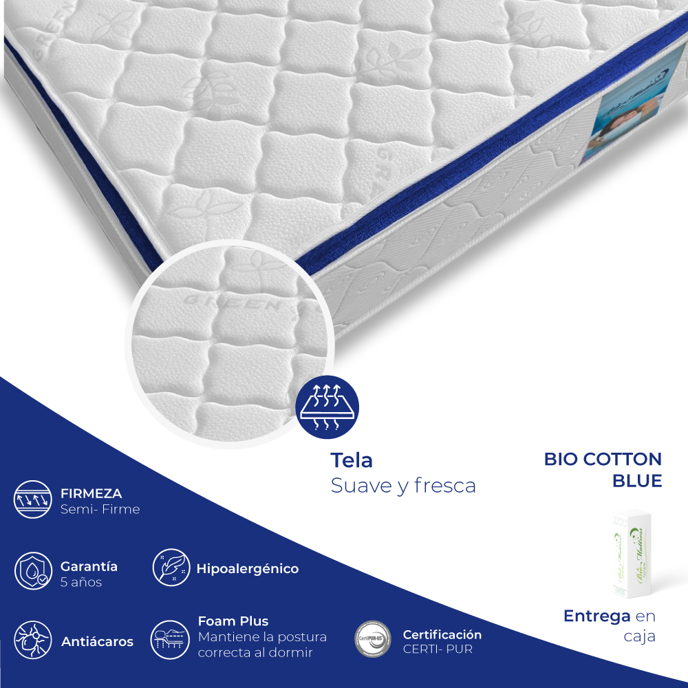 Bio Mattress Colchón Individual Blue Cotton Foam Plus
