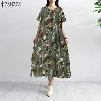 ZANZEA para mujer de la impresión floral del vestido de manga corta con cuello en V vestido de las señoras de Kaftan Verde 