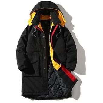 De moda de invierno largo abrigo a prueba de viento Chaqueta de algodón sudaderas con capucha ropa falsa de dos piezas costura abrigos cálido grueso abrigo Parker   Black 