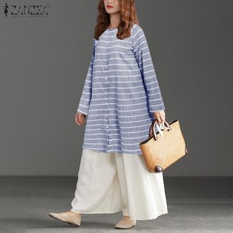 Azul Manga larga de las mujeres ZANZEA camisas rayadas de floja ocasional irregular del dobladillo de la blusa superior del tamaño extra grande 