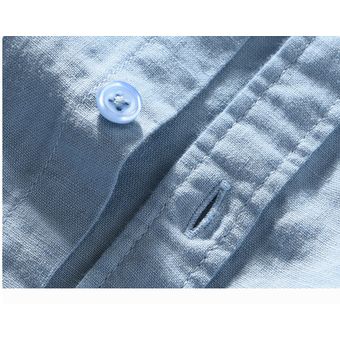 Camisas Lino Algodón Suave Manga Corta Para hombres-Azul 