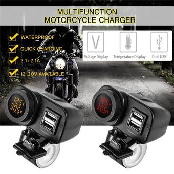 Amarillo LED 12V Motocicleta Cargador USB 2.1A+2.1A con Termómetro Voltímetro Digital 