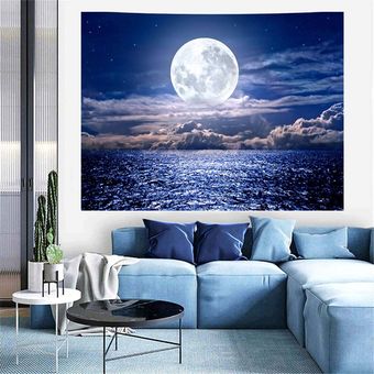 La impresión 3D Mar Luna Noche Tapiz colgante de pared de la decoración casera para sala de estar dormitorio Office Pared de tela Suministros-130x150CM 