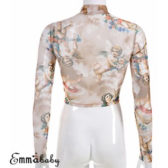 Top transparente de manga larga para mujer Top de Ángel impreso de malla transparente Top Top HON 