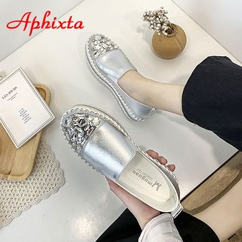 Aphixta-zapatos planos de cuero con cristales y punta redonda para m 