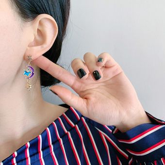 Pendientes Asimétricos Rhinestone Star Moon Lindos Kpop De 