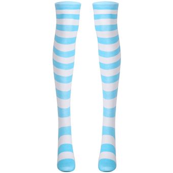 Medias de algodón Kawaii Lolita raya larga Adorable de Anime ajustadas por encima de la rodilla rosa azul blanco para mujer chica Cosplay estudiante #Black 