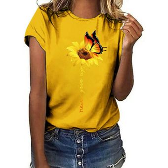 Camiseta Tops de manga corta de verano para mujeres Top de impresión de girasol casual 