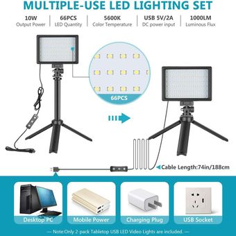 2 se establece Luz de video LED Dimmable 5600K USB con soporte de trípode ajustable 