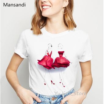 Ilustración de flores rojo falda con Rosa imprimir camiseta mujer ropa vogue camiseta mujer ha HON 