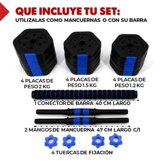 Mancuernas Ajustables 20 kg Total Set 2en1 Fitnics + Barra - Rojo