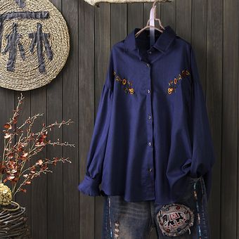 ZANZEA la venta de separación Mujeres camiseta de manga larga con cuello camisa del dril floral Embroidere superior ocasional flojo de la blusa Azul oscuro 