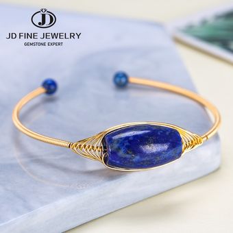 #Natural Lapis Lazuli JD piedra Natural lapislázuli azul brazalete pulsera Vintage de buena calidad de oro hecho a mano de alambre abierto brazaletes para mujeres 