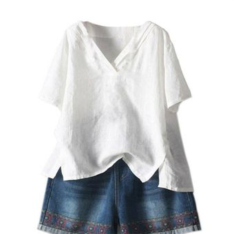 Blusa holgada de lino de algodón de manga corta suelta de verano para mujer Blanco 