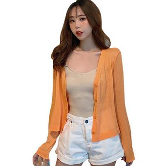 Protección del sol Cardigan Coreano Color sólido con cuello 