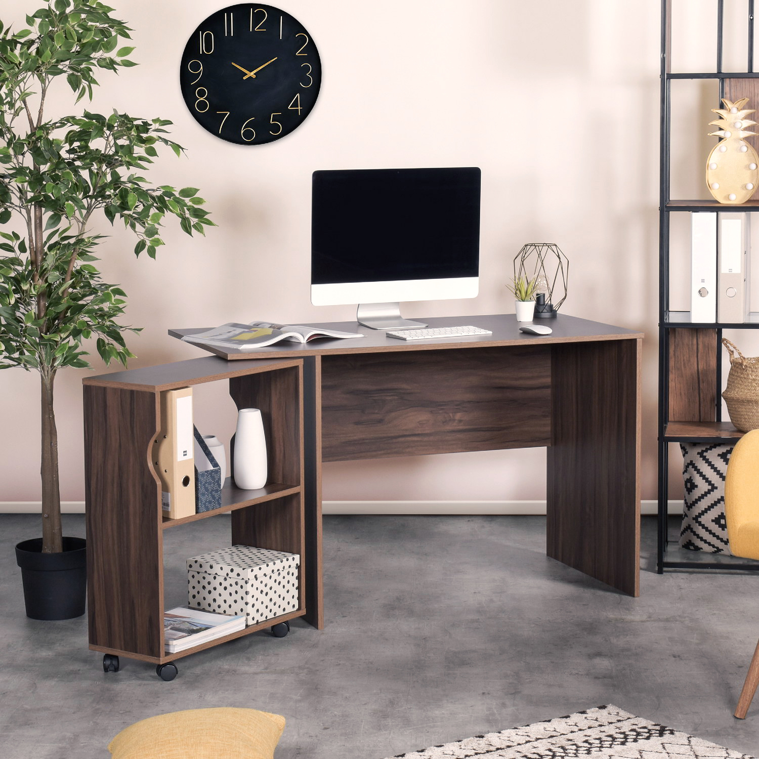 Mesa de estudio Essential Keiä con estante móvil marrón Vintage