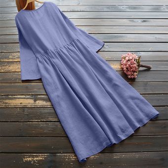 Encuadre de cuerpo entero Kaftan Maxi vestido de manga larga de algodón llano Abaya ZANZEA A-Line Azul claro 