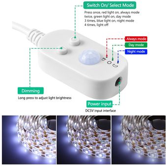 tira de luz LED de CC de 5V para cocina Sensor de luz resistente al agua blanco cálido y ajustable con 3 brillos CUI Lámpara de luz LED de movimiento PIR con USB 
