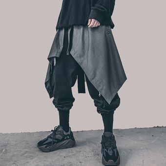 #BLACK Irregular de Hip Hop para hombres,falda Harem pantalones Harajuku ajustable Streetwear negro falda delantal gótico pantalones para correr 
