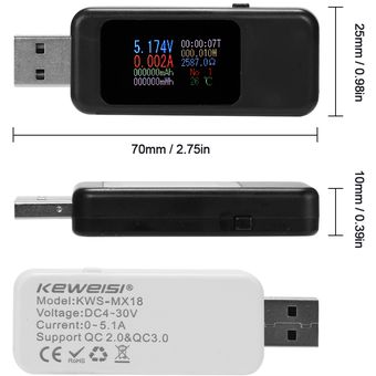 Pantalla LCD en color digital Probador USB Probador de corriente de vo 