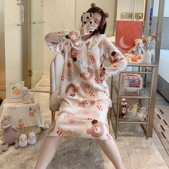 Color#486 de manga larga de invierno cálido grueso de lanilla impresa camisones mujer lindo arco de terciopelo de Coral pijama vestido de noche camisón 