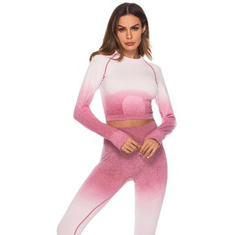 ropa deportiva de gimnasio con Top de manga larga y mallas para correr y Yoga degradado Conjuntos de correr sin costuras para mujer novedad 