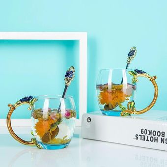 Copa juego de vasos capa de flor regalo a casa sola actividad taza de té-Blue Rosecarton with spoon and lid 290ml｝ 