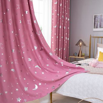 1PC impreso estrella de la luna de la ventana del apagón cortina para sala de estar  dormitorio Ojal Ojal Top 4 colores-Pink 
