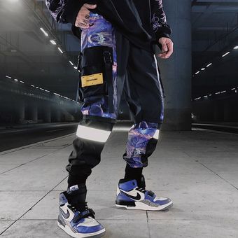Pantalones de chándal de bolsillo de bloque para hombre,ropa nueva estampado de letras de estilo Hip Hop Harem,Cargo #W157 Black 