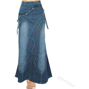#Blue Falda vaquera larga de Estilo Vintage a la moda para mujer,falda Maxi de cintura alta con bolsillos y volantes de sirena,Faldas vaqueras de talla grande S-3XL 
