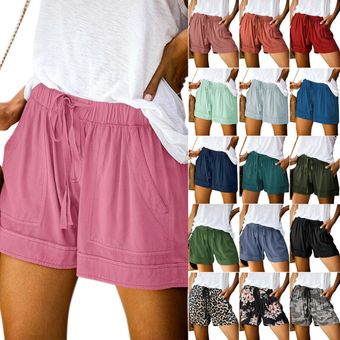Pantalón corto suelto de verano playa de la cintura elástica casual para mujer Celeste 