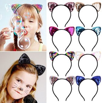 Diadema con orejas de gato y lentejuelas reversibles accesorios para el cabello aros arcoíris brillantes diadema ostentosa regalos para mujeres y niñas orejas de gato sobre el pelo 