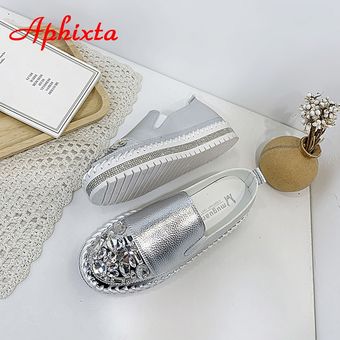 Aphixta-zapatos planos de cuero con cristales y punta redonda para m 
