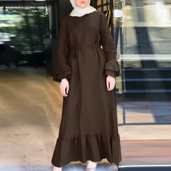 ZANZEA mujer musulmana manga de Bell Volantes Hem Abaya Kaftan túnica del vestido maxi largo Café 