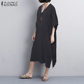 ZANZEA mujer media manga de algodón holgado vestido plisado Midi botón casual Vestidos de festivo Negro 
